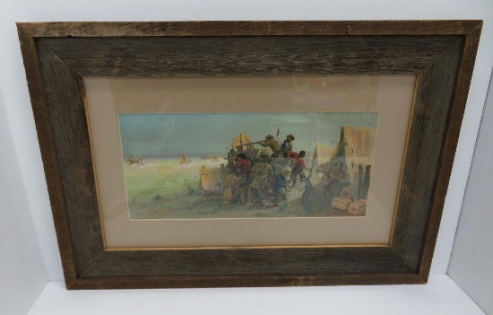 Early Anheuser-Busch Beer Chromolithograph "Attack on an Emigrant Train" by Oscar Edward Berninghaus