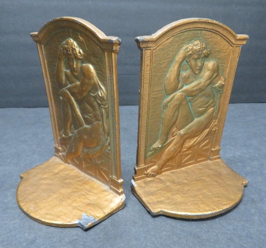 Mission style Verdigre Bookends "Seated Male Nudes"