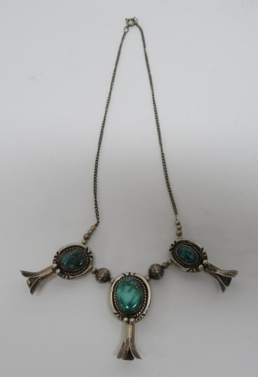 Turquoise and Silver Native American squash blossom Necklace 16 1/2"