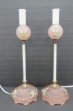 Pink Depression and hand enameled bedroom lamps, working, 12