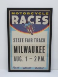 Vintage Motorcycle Races poster, Milwaukee State Fair Track, framed 18