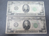 Two $20 Federal Reserve bills, series 1934, Atlanta Georgia and St Louis Missouri