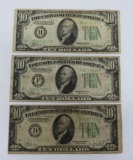 Three $10 Federal Reserve notes, Cleveland Ohio, New York,, and Atlanta Georgia, series 1934A