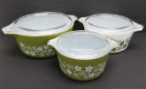 Nest of Three Pyrex Princess bowls with covers, green spring blossom