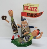 Blatz Beer baseball barrel men advertising statue, base is 16