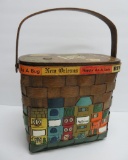 Caro-Nan wooden woven basket purse, Masengill's, c 1964, 9 1/2
