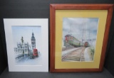 Transportation art, Bus watercolor and train print framed