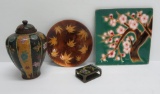 Oriental motif decorative lot, Barbara Pelowski leaf dish, cherry blossom and covered jar