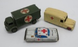 Three toy medical vehicles, tin and die cast, 3 1/2