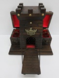 Wooden Midieval Castle liquor decanter with bottles and glasses, HI Mark