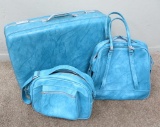 Vintage American Tourister luggage, three pieces, hard side and soft sided, turquoise retro blue