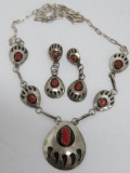 SJ sterling bear paw design necklace and earring set with coral inset