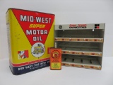 Automotive advertising lot, Capacitor display and Mid-West Motor Oil can