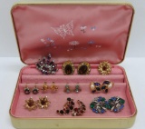 8 pair of vintage earrings and two vintage pins in jewelry box