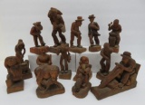 14 Wooden Folk Art carvings, weighted bases, country life, 3