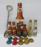 Miniature beer bottle salt and pepper shakers, cork bottle caps and advertising