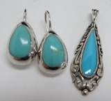 Sterling teardrop pendant and 925 earrings, turquoise
