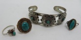 Two small size turquoise and coral rings and sterling cuff bracelet