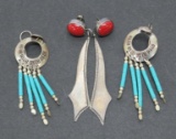 Two sterling dangle earrings, turquoise and coral, 2