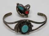 Turquoise and coral ring and turquoise cuff bracelet