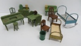17 pieces of Doll house furniture, wood and metal beds