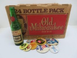 Old Milwaukee cardboard case, bottle and beer pins