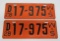 Pair of 1928 Wisconsin license plates, orange and black, 13 1/2