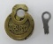 Brass Pancake railroad lock, Denver Rio Grande with key, 2 1/2