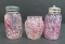 Art glass salt and pepper shakers and toothpick holder, confetti spatter pattern, ribbed
