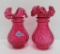 Pair of Fenton dot optic double ring cranberry vases, 6