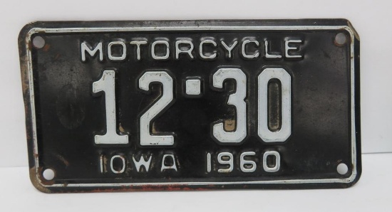 1960 Iowa motorcycle license plate, black and white, 7 1/2"