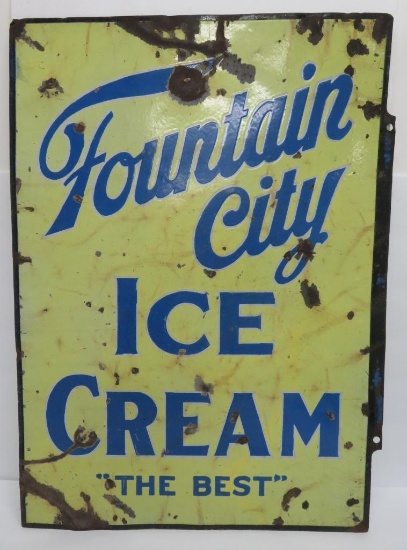 Hard to Find Fountain City Ice Cream enamel porcelain sign, two sided, 28" x 20"