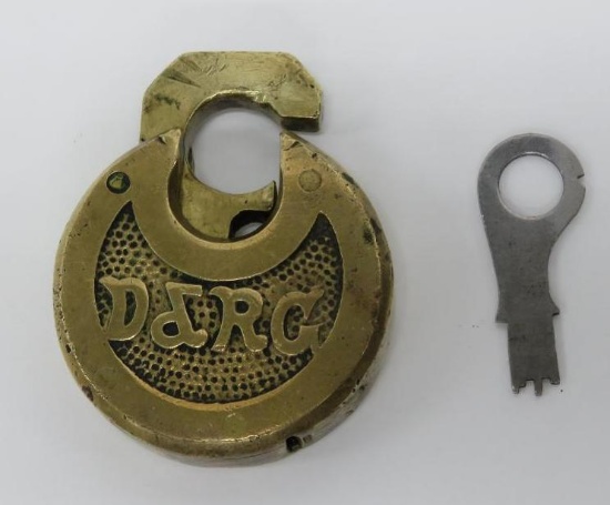 Brass Pancake railroad lock, Denver Rio Grande with key, 2 1/2"