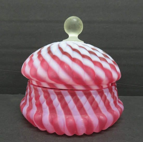 Peppermint swirl cranberry glass covered candy dish, 5 1/2" tall