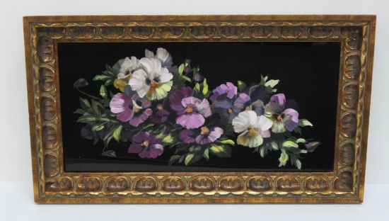 Pansy oil painting on glass with ornate frame, 20" x 11 3/4"