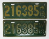 Pair of 1919 Wis license plates, green and yellow, 13
