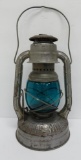 Dietz Little Wizard lantern, aqua blue globe, globe and frame marked, 11 1/2