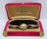 Ladies Bulova watch with fabulous vintage box, ornate band with inset stones attributed to garnets