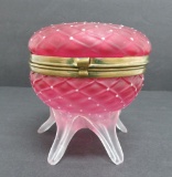 Cranberry enameled covered box, footed, 5