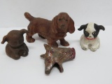 Cast iron miniature dog paperweights, two Hubley Fido's, spaniel and dog carnival cane top
