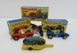 Four vintage Matchbox cars and motorcycles, three with boxes