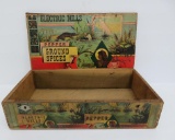 Very nice wooden spice box with paper lithograph advertising under cover