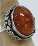 Art Nouveau amber and sterling ring, size 9