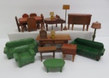 15 pieces of wooden doll house furniture and lamps and radio