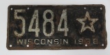 1938 Wisconsin license plate, star in star, 13 1/2