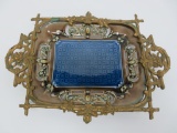 Majolica style tray in ornate metal tray, 10 1/4
