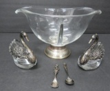 Sterling silver collared divided dish and two swan sterling and crystal
