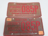 Pair of 1977 Arizona Historic Vehicle license plates, Grand Canyon, copper and red