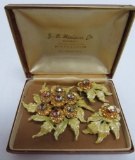 Selro Selini pin and earring set, aurora borealis rhinestones, floral set