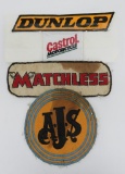Four vintage automotive motorcycle patches, Dunlop, Castrol, and Matchless Motorcycle, 3